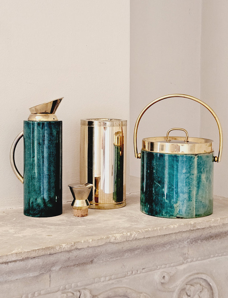 1960s Aldo Tura Green Goatskin Ice bucket and Cocktail Jug