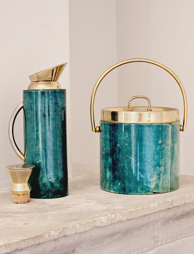 1960s Aldo Tura Green Goatskin Ice bucket and Cocktail Jug