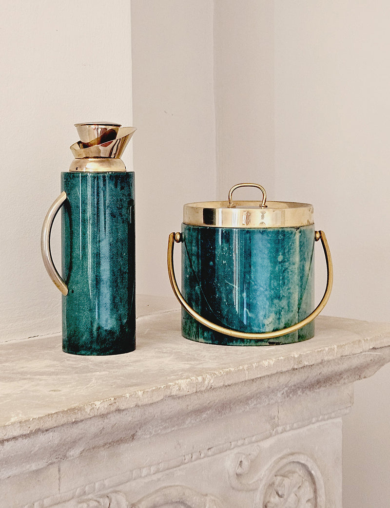 1960s Aldo Tura Green Goatskin Ice bucket and Cocktail Jug