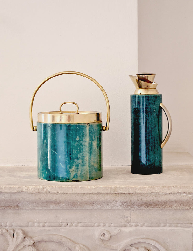 1960s Aldo Tura Green Goatskin Ice bucket and Cocktail Jug