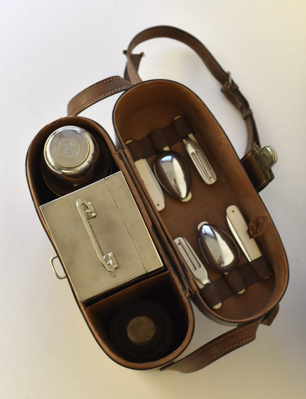 1960s Leather and Silver Gucci Picnic set with lunch box and thermos