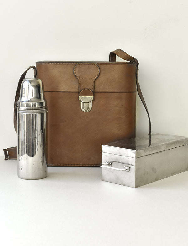 1960s Leather and Silver Gucci Picnic set with lunch box and thermos