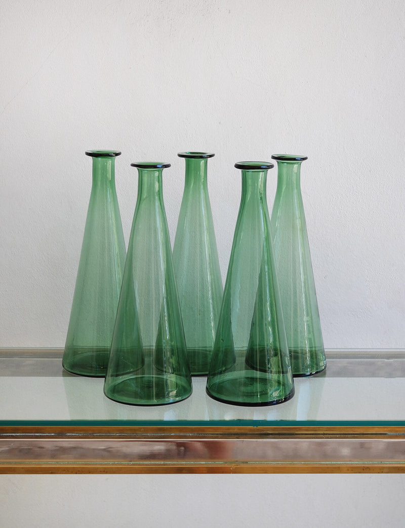 Set of Five 1950s Empoli Glass Conical Bottles