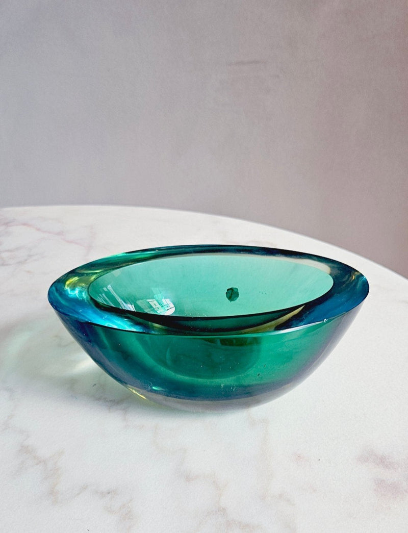 1970s Large oval green Flavio Poli Murano glass bowl