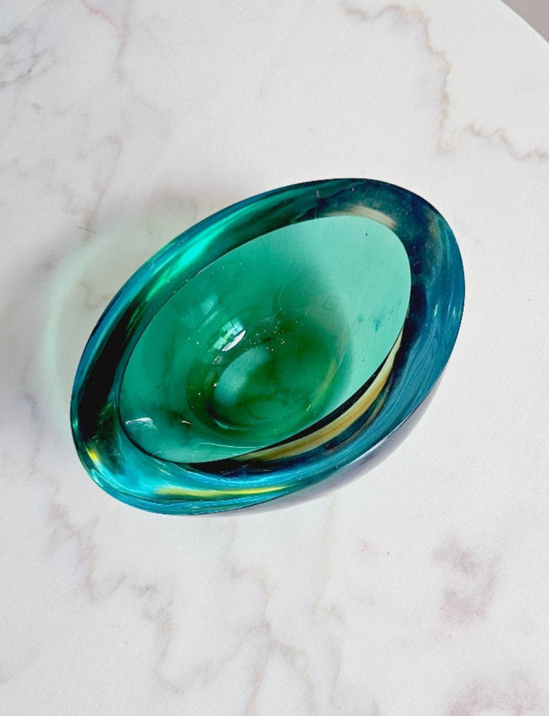 1970s Large oval green Flavio Poli Murano glass bowl