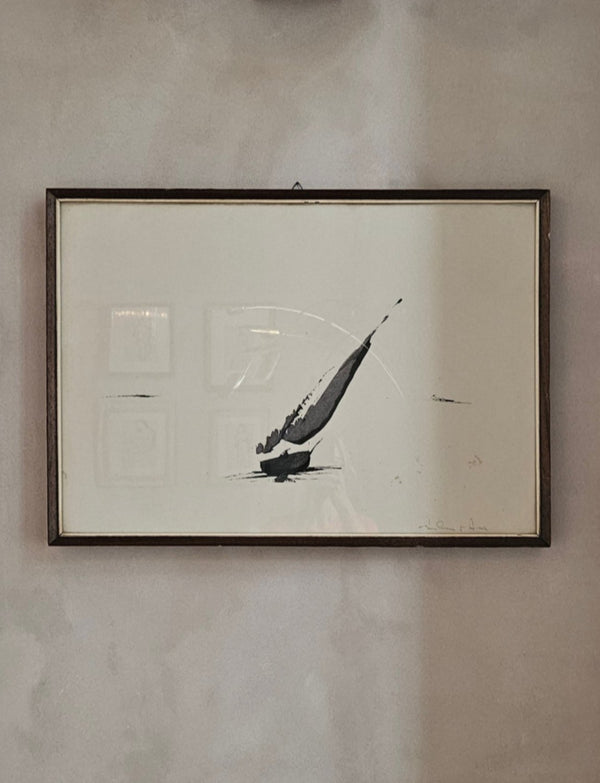 1950s Signed Italian Sailing Boat, Ink on Paper