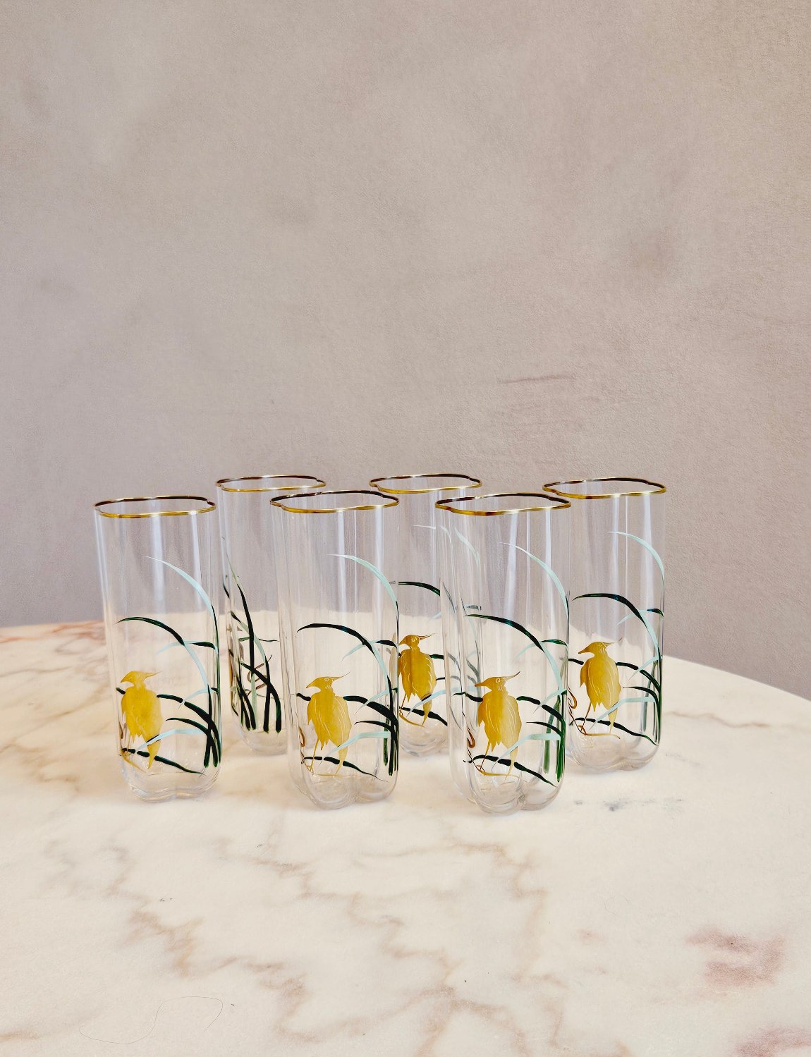 1950s Hand-painted Aperitivo Glasses with Gold Herons