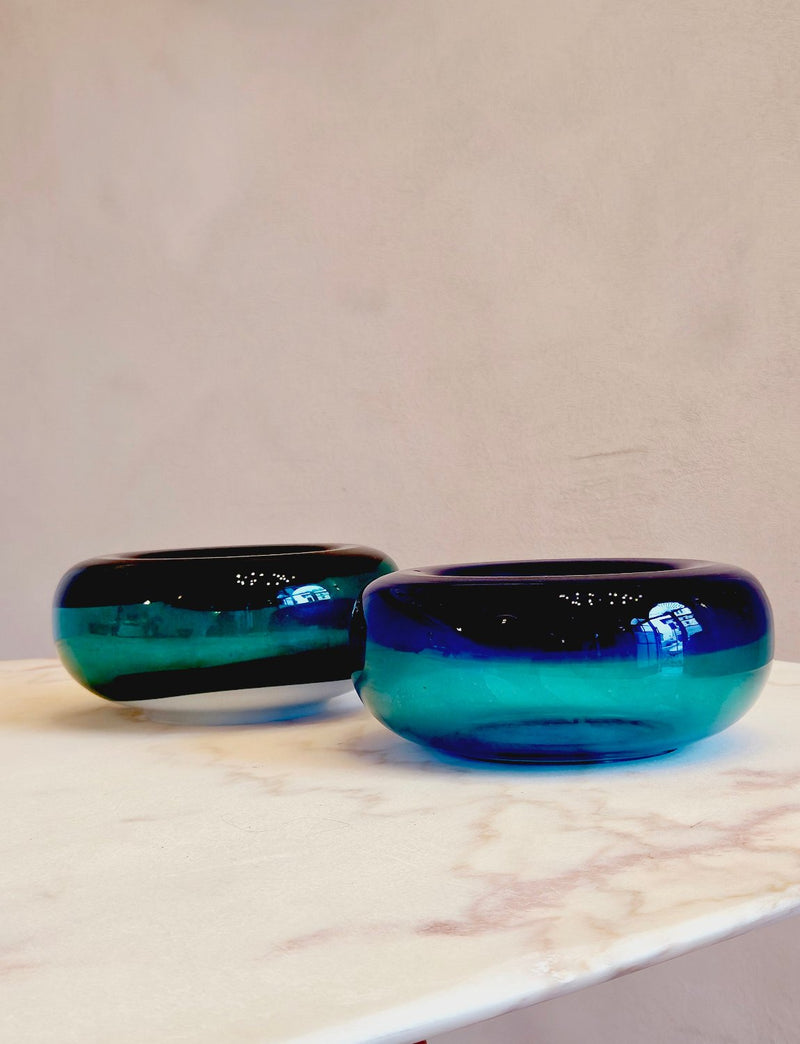 Pair of 1960s Green and Blue Murano Glass Bowls attributed to Cenedese