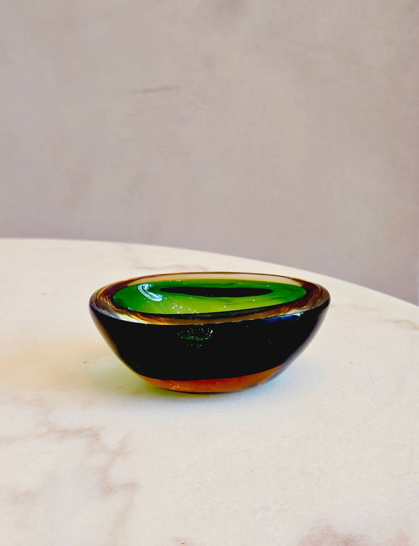 1950s Small Green and Amber Murano Glass Bowl