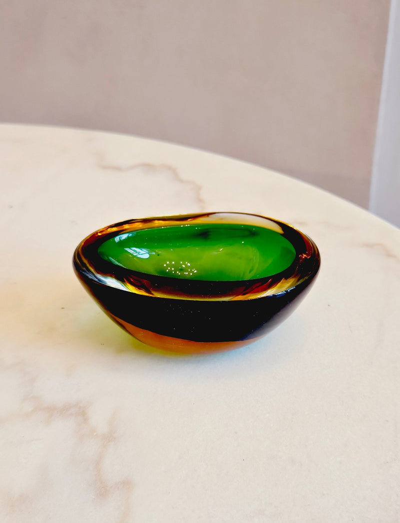 1950s Small Green and Amber Murano Glass Bowl