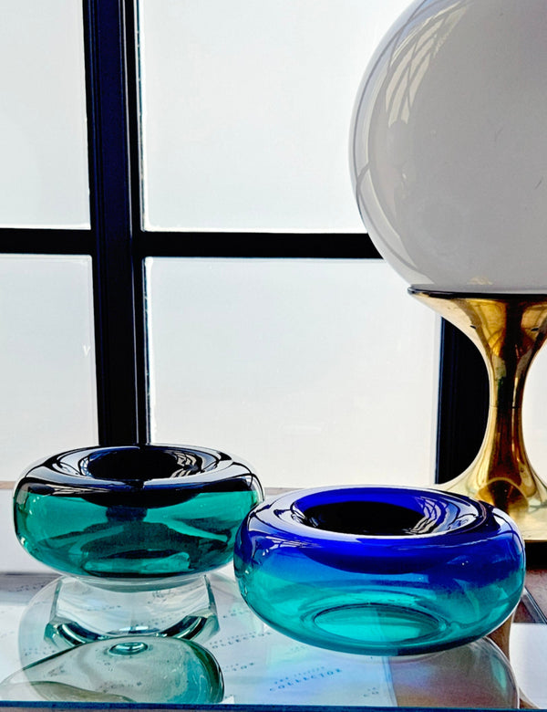 Pair of 1960s Green and Blue Murano Glass Bowls attributed to Cenedese