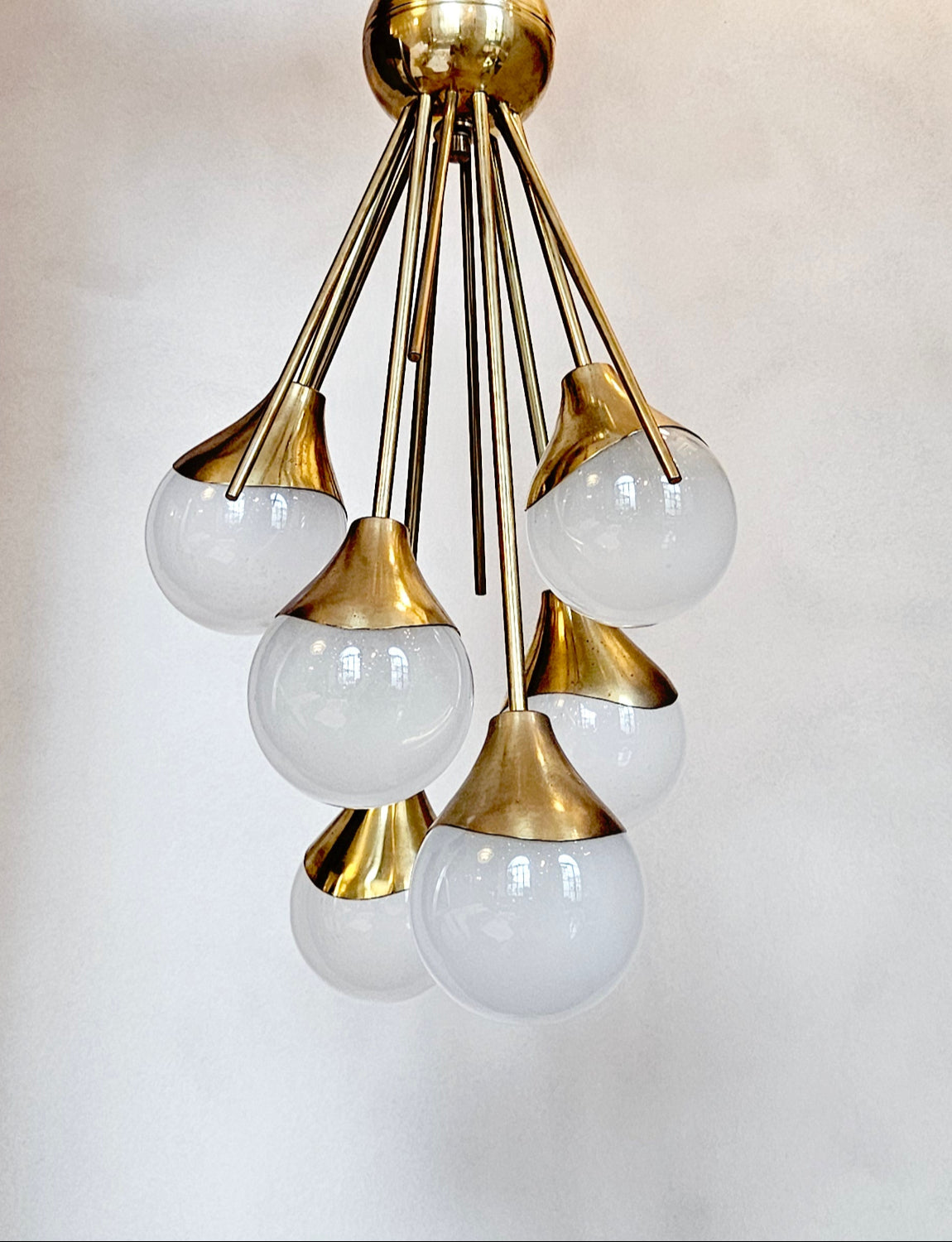 1960s Stilnovo Six Murano Ball Brass Ceiling Light