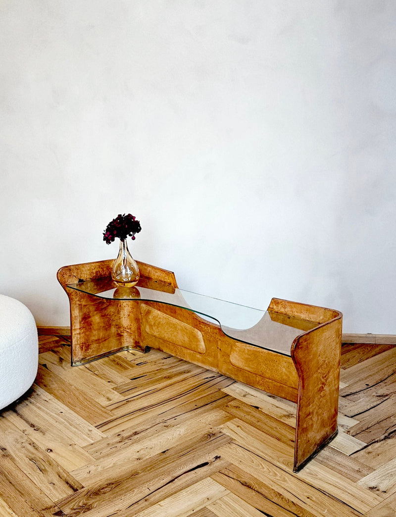 1930s Low Walnut and Glass Console Table