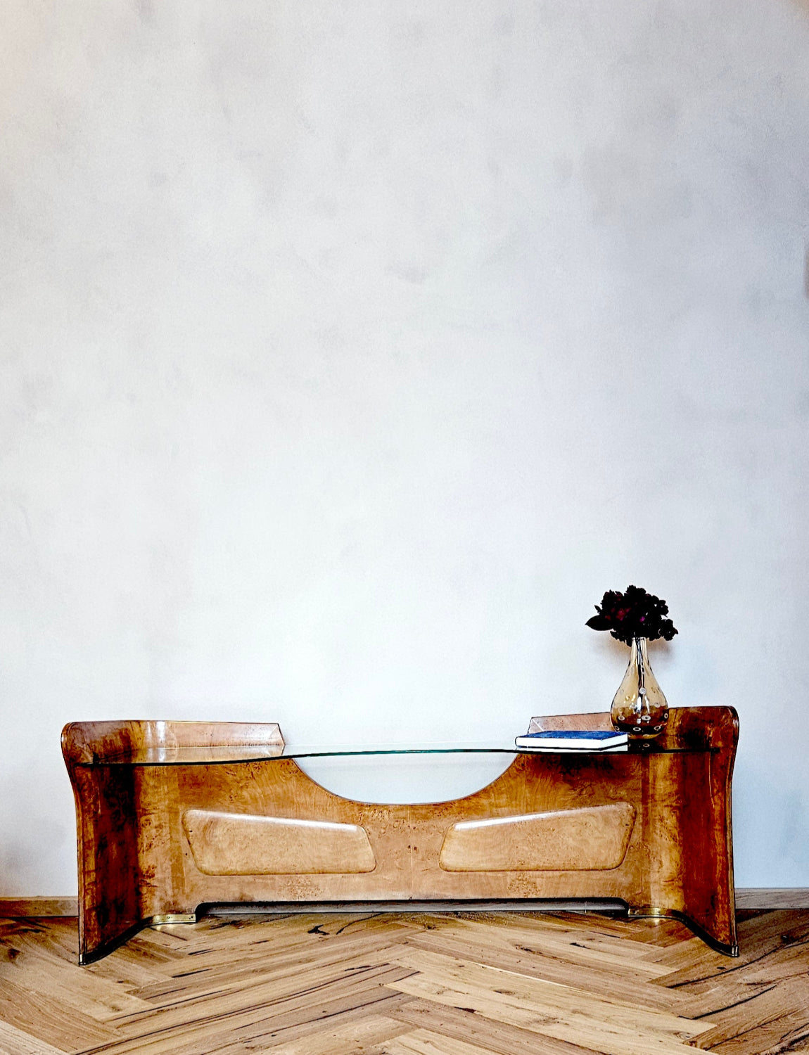 1930s Low Walnut and Glass Console Table