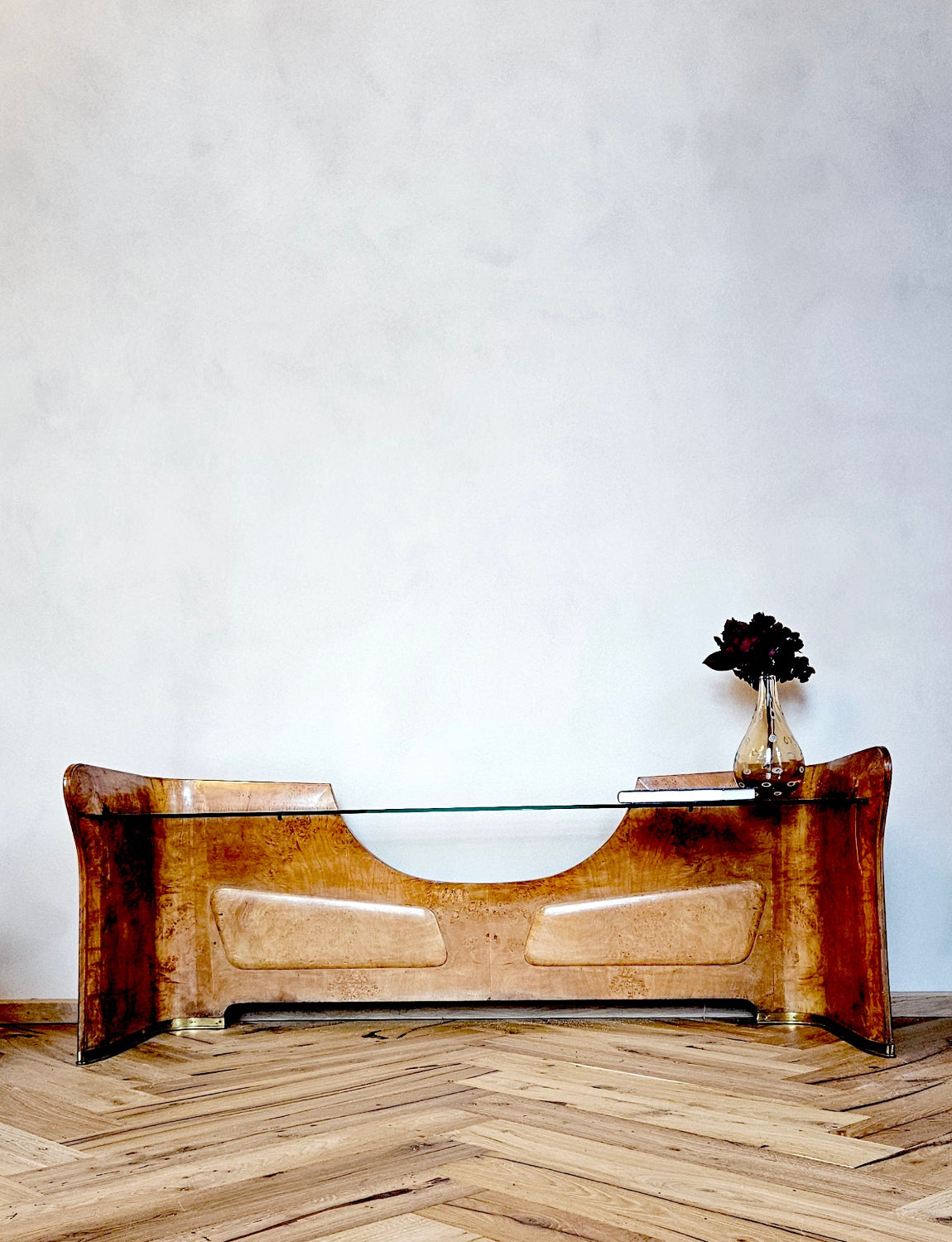 1930s Low Walnut and Glass Console Table