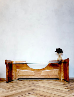 1930s Low Walnut and Glass Console Table