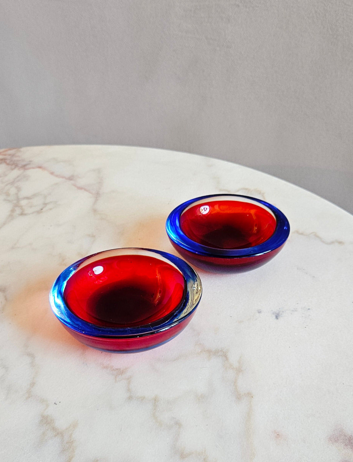 Pair of 1970s Sommerso Red and Purple Murano Glass Bowls