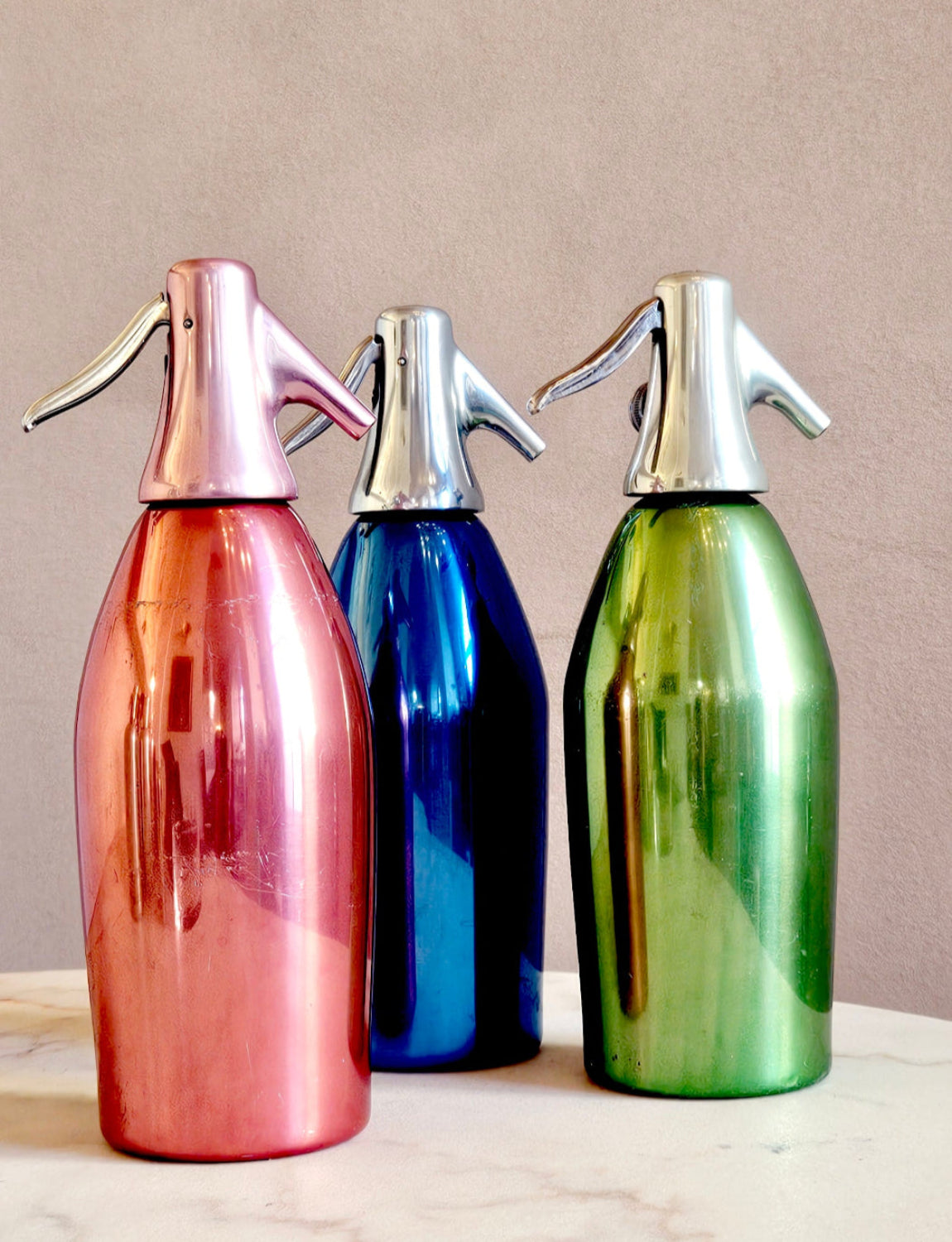 Set of 3 1955 Blue, Pink & Green Metal Soda Fountains