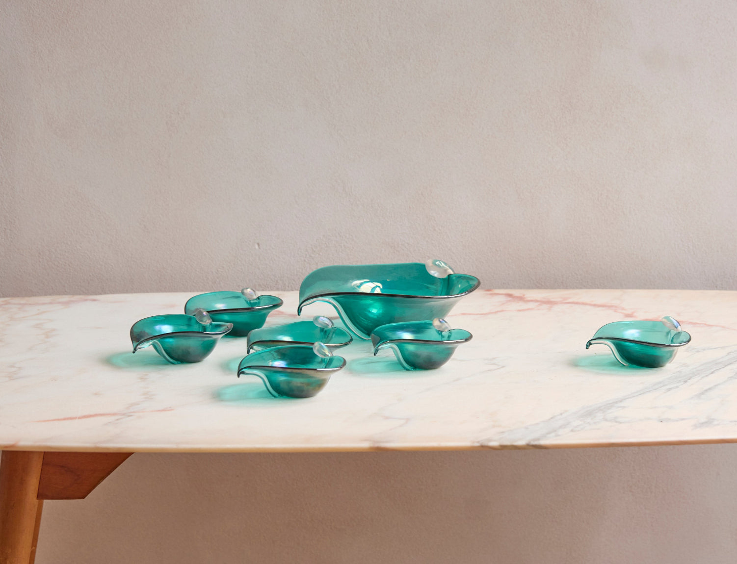 1950s Deep Marine Leaf Set by Alfredo Barbini- Bowl & 6 Cups