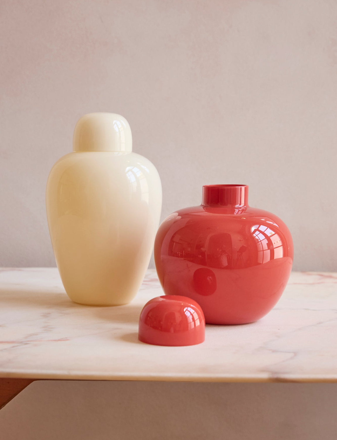 1970s Tomato and Cream Tobia Scarpa Vases from the Oriental Series, Venini