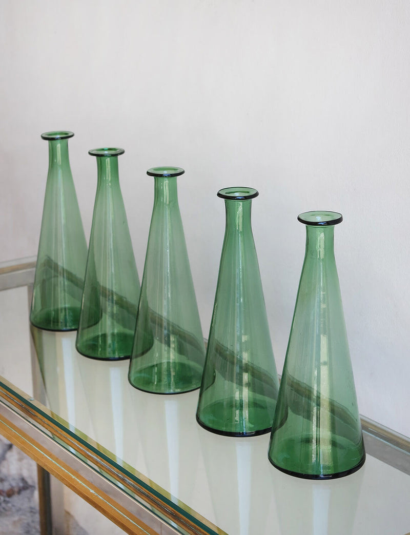 Set of Five 1950s Empoli Glass Conical Bottles