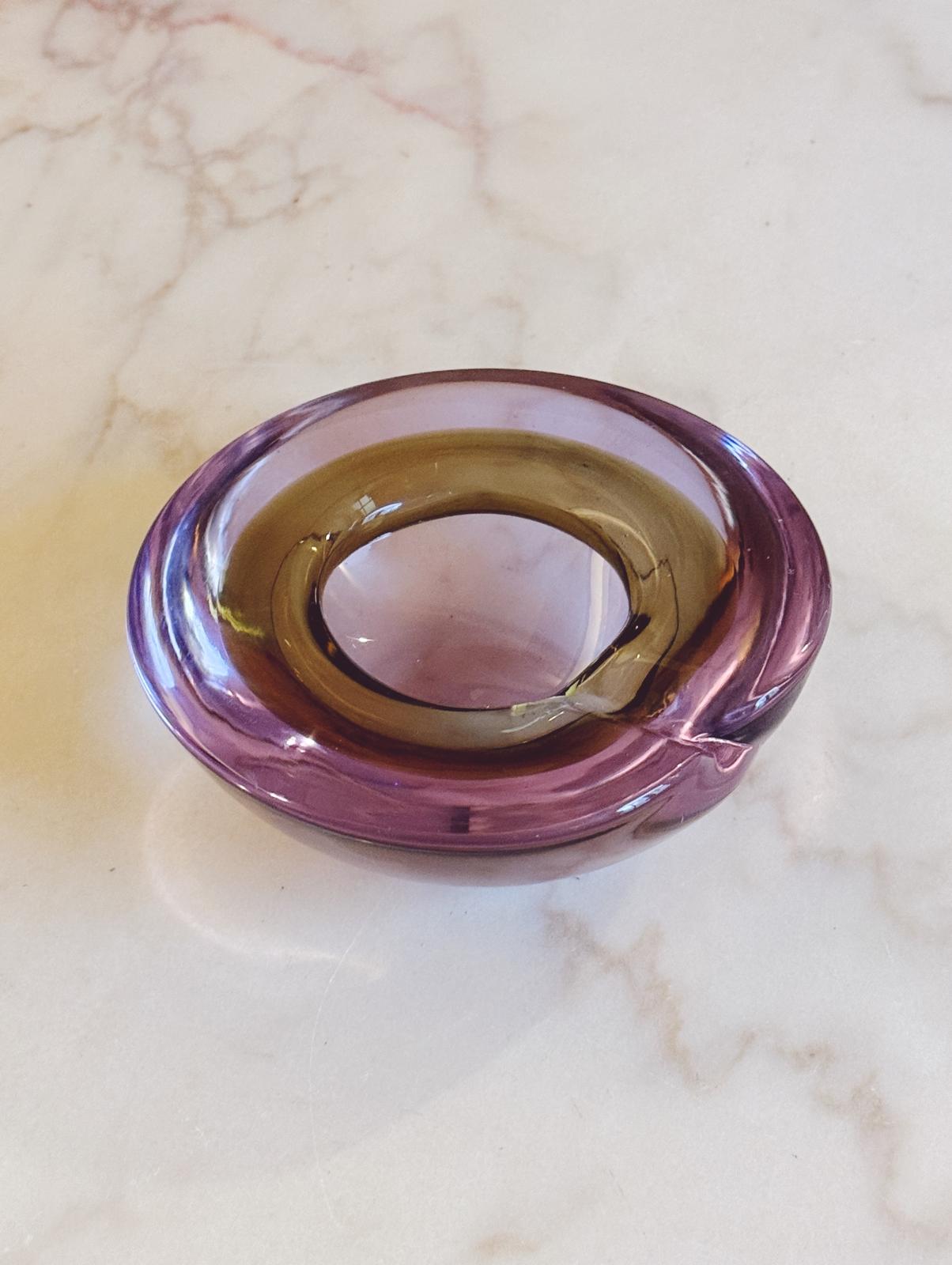 1970s Lilac and Olive Swirl Murano Glass Bowl