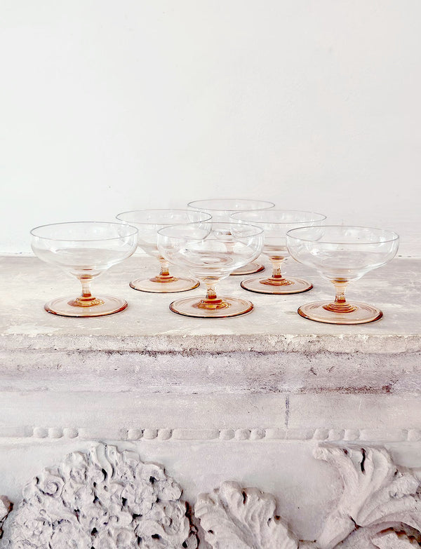 Set of Six 1950s Peach Glass Prosecco Coupes