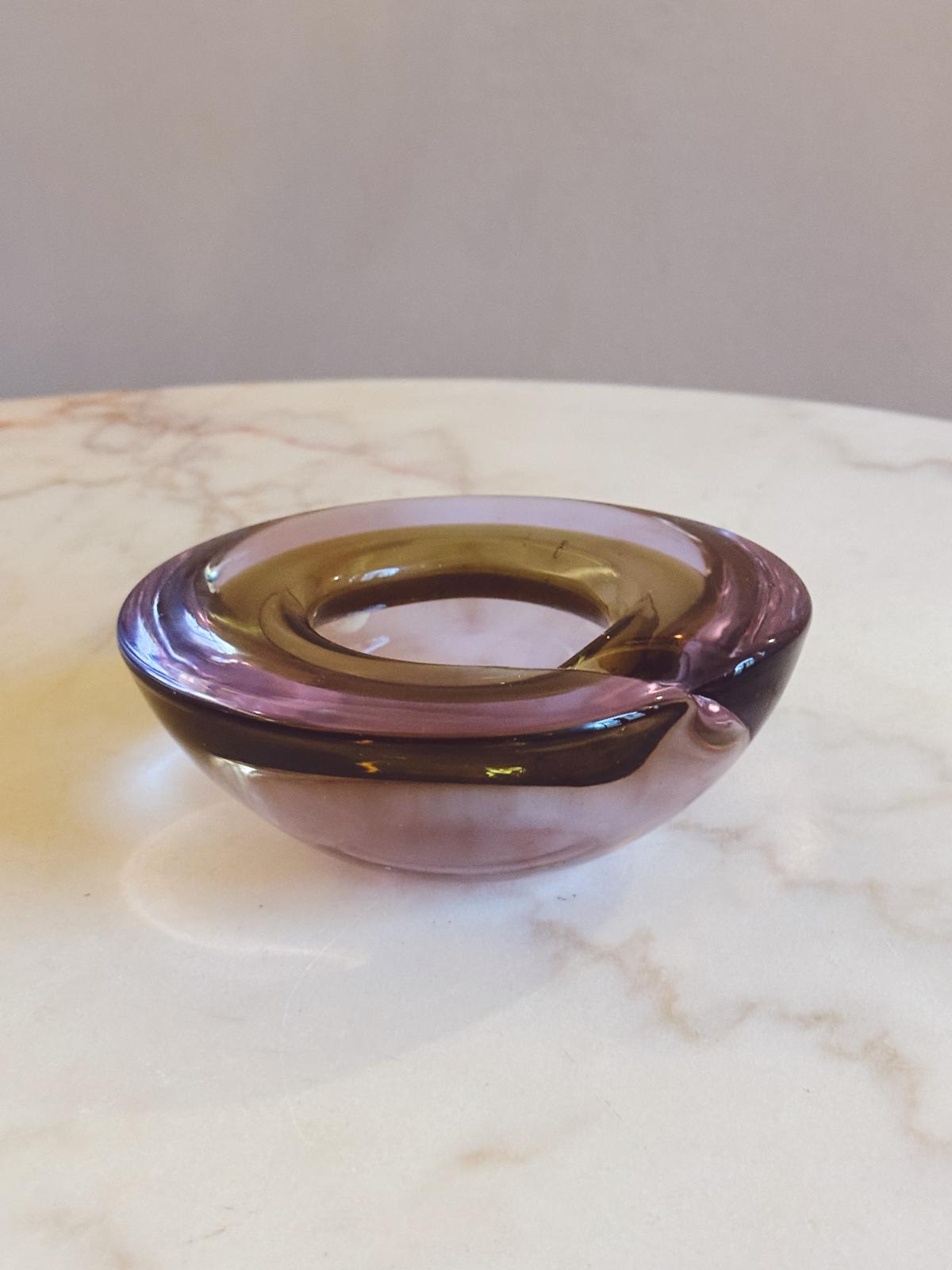 1970s Lilac and Olive Swirl Murano Glass Bowl