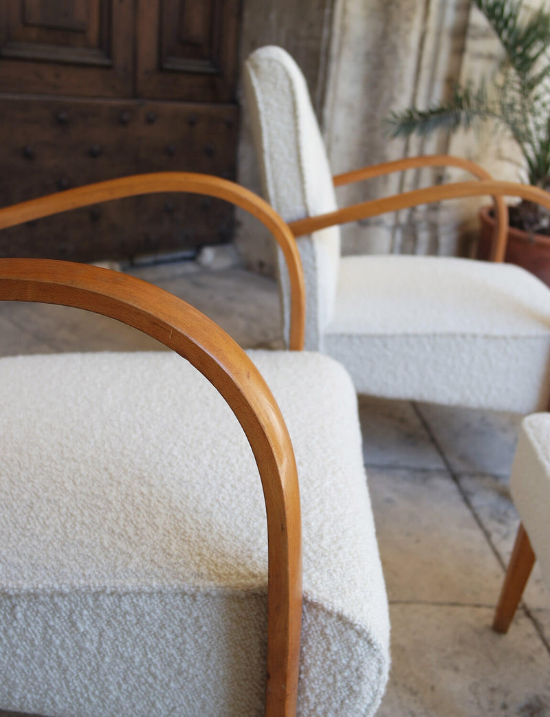 Pair of 1950s Italian Cream Boucle Armchairs with footstools