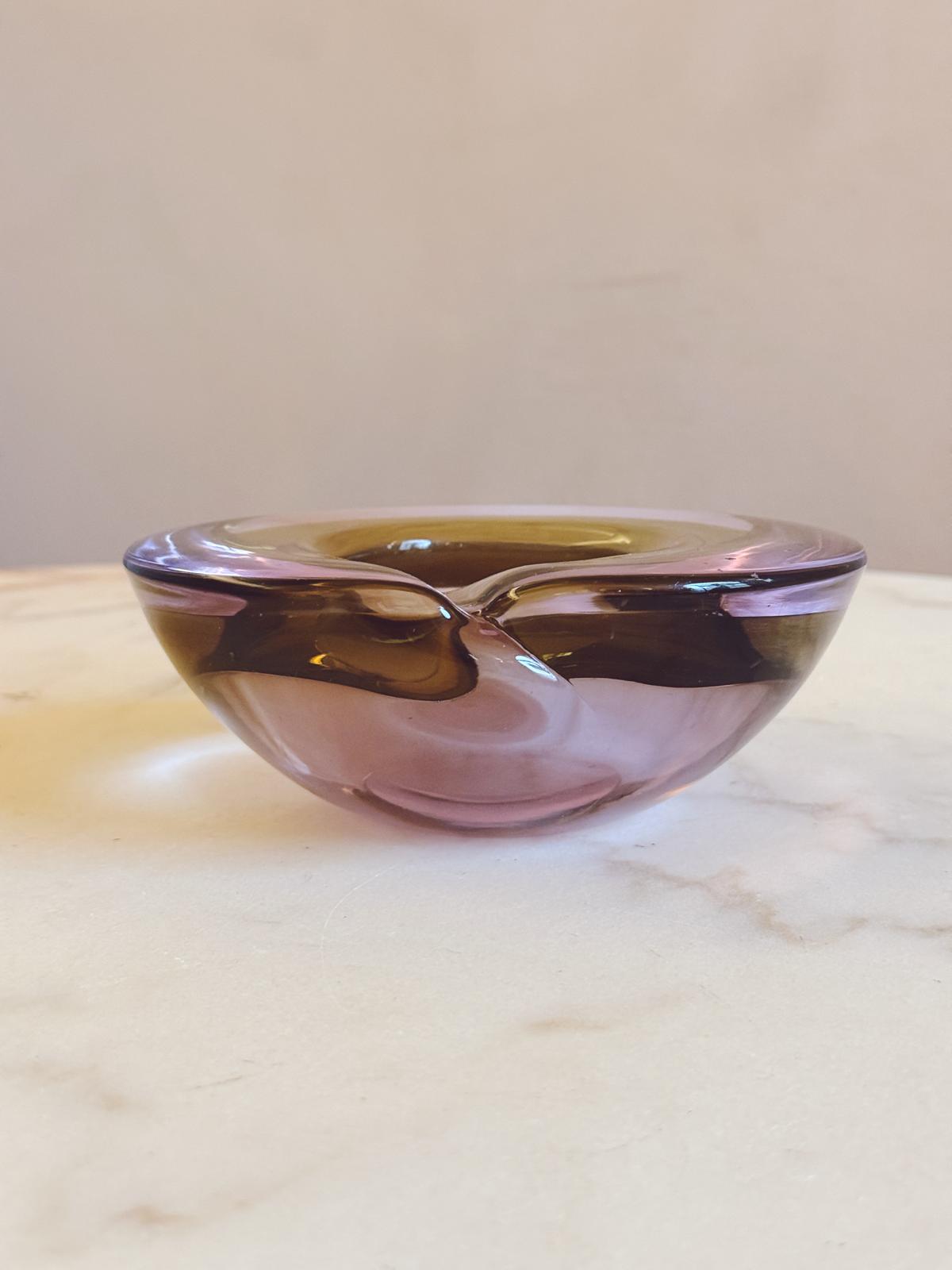 1970s Lilac and Olive Swirl Murano Glass Bowl