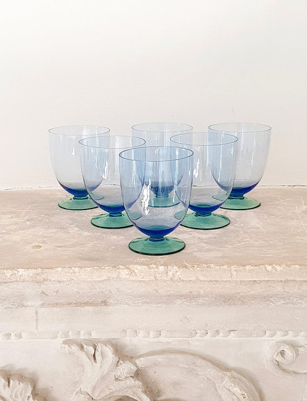 Set of Six 1930s hand-blown Blue and Green Wine glasses