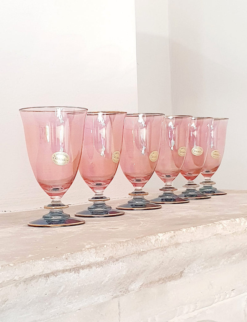 Set of Six 1970s Blue and Pink Glass Wine Glasses