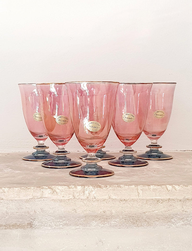 Set of Six 1970s Blue and Pink Glass Wine Glasses