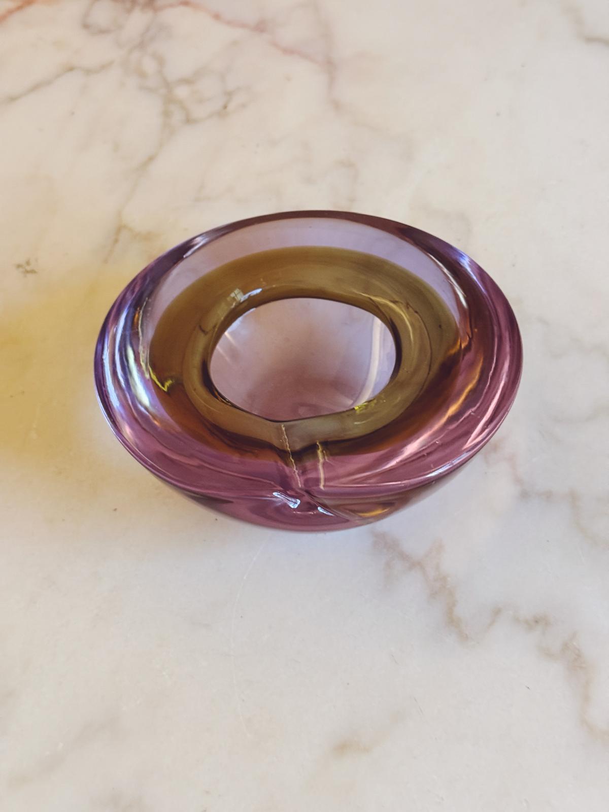 1970s Lilac and Olive Swirl Murano Glass Bowl