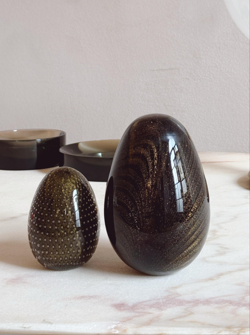 Pair of 1960s Black and gold hand-blown Murano Glass Eggs. By Venini. Signed.