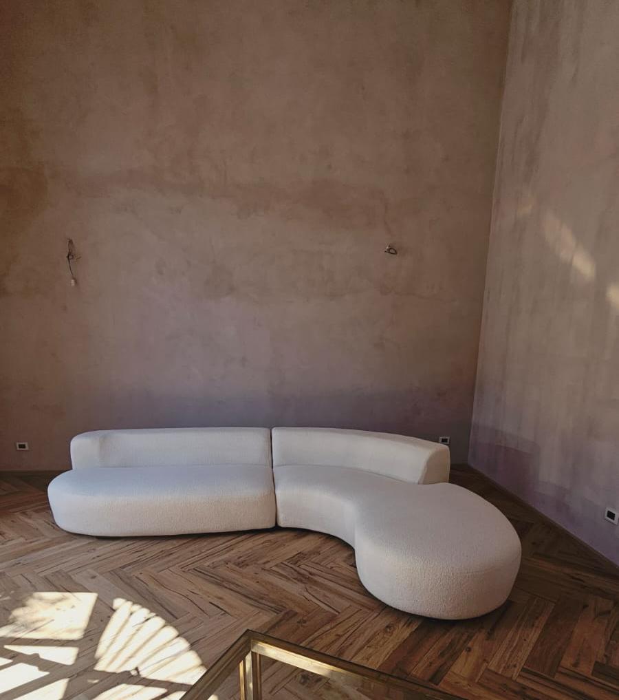 Large 1970s Curved Italian Sofa in Cream Boucle