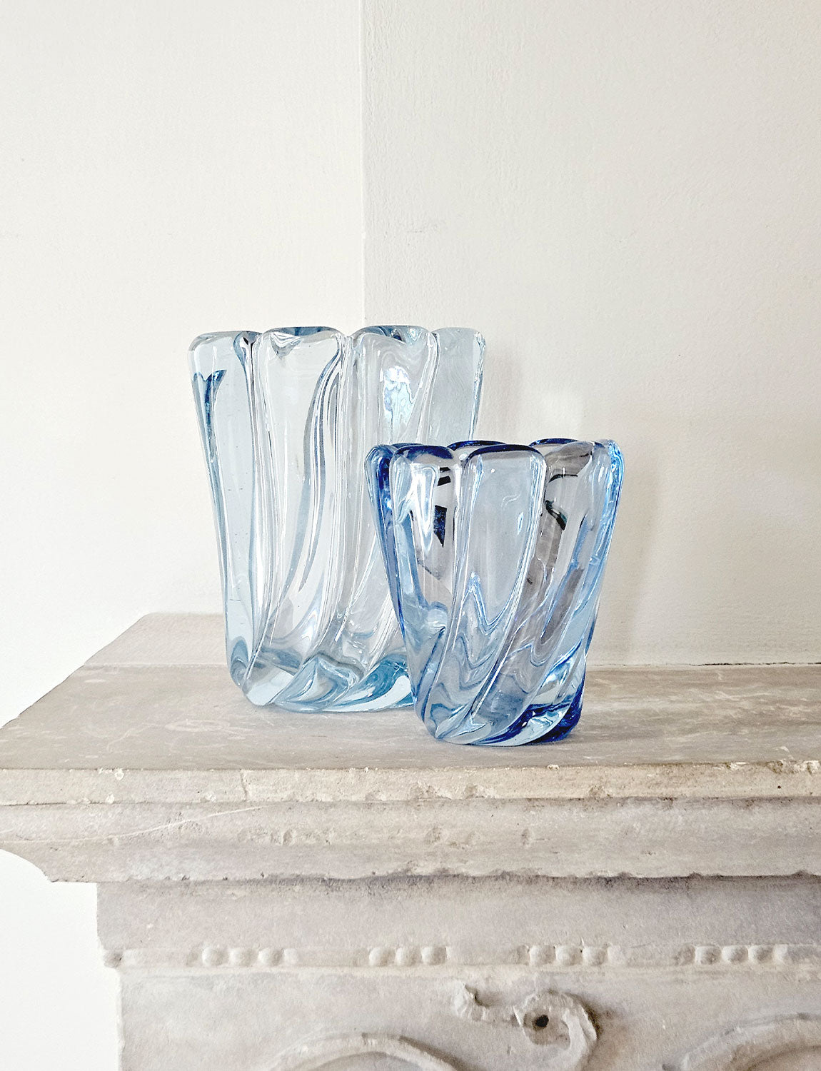 Pair of 1950s Seguso Blue Twisted Murano Glass Vases