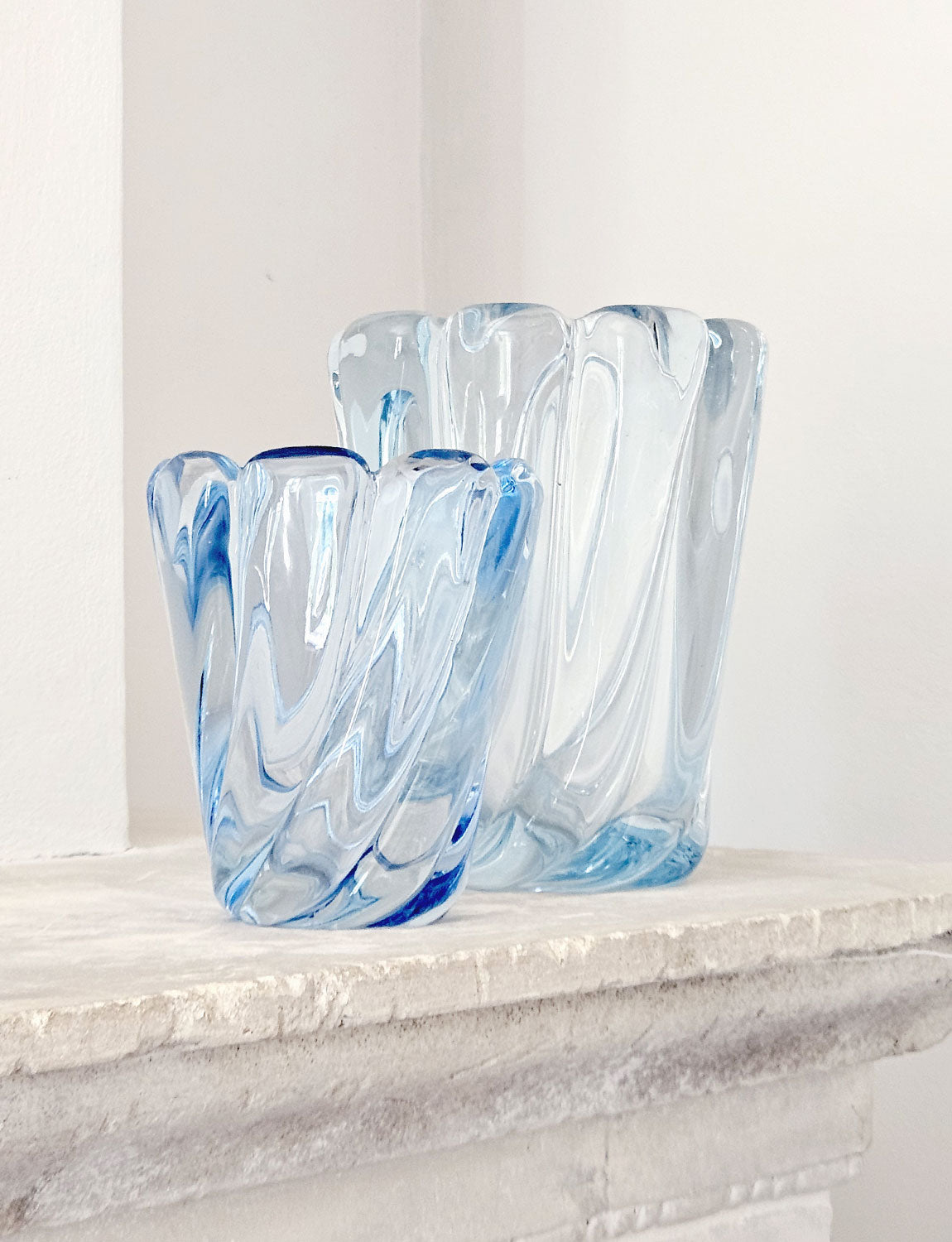 Pair of 1950s Seguso Blue Twisted Murano Glass Vases