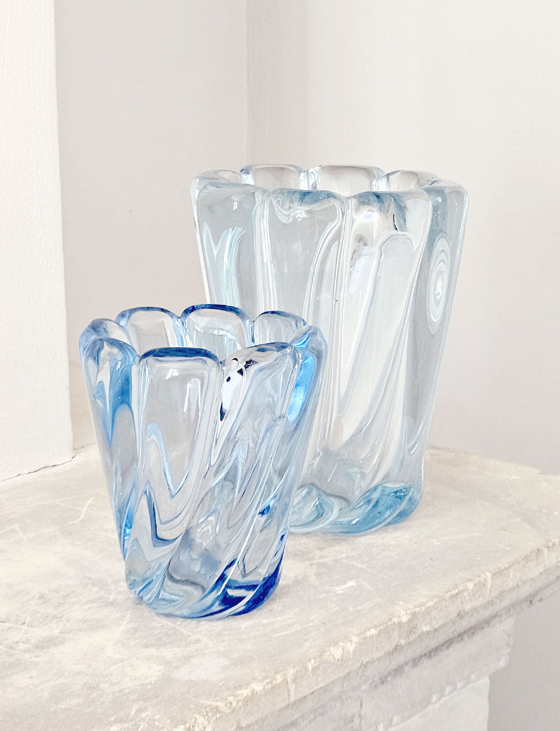 Pair of 1950s Seguso Blue Twisted Murano Glass Vases