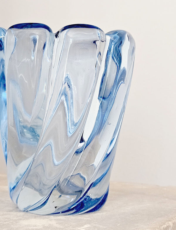Pair of 1950s Seguso Blue Twisted Murano Glass Vases