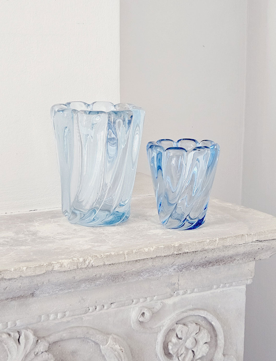 Pair of 1950s Seguso Blue Twisted Murano Glass Vases