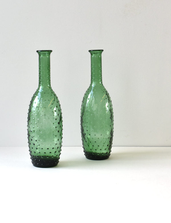 Pair of Spotted Florentine Green Glass Bottles