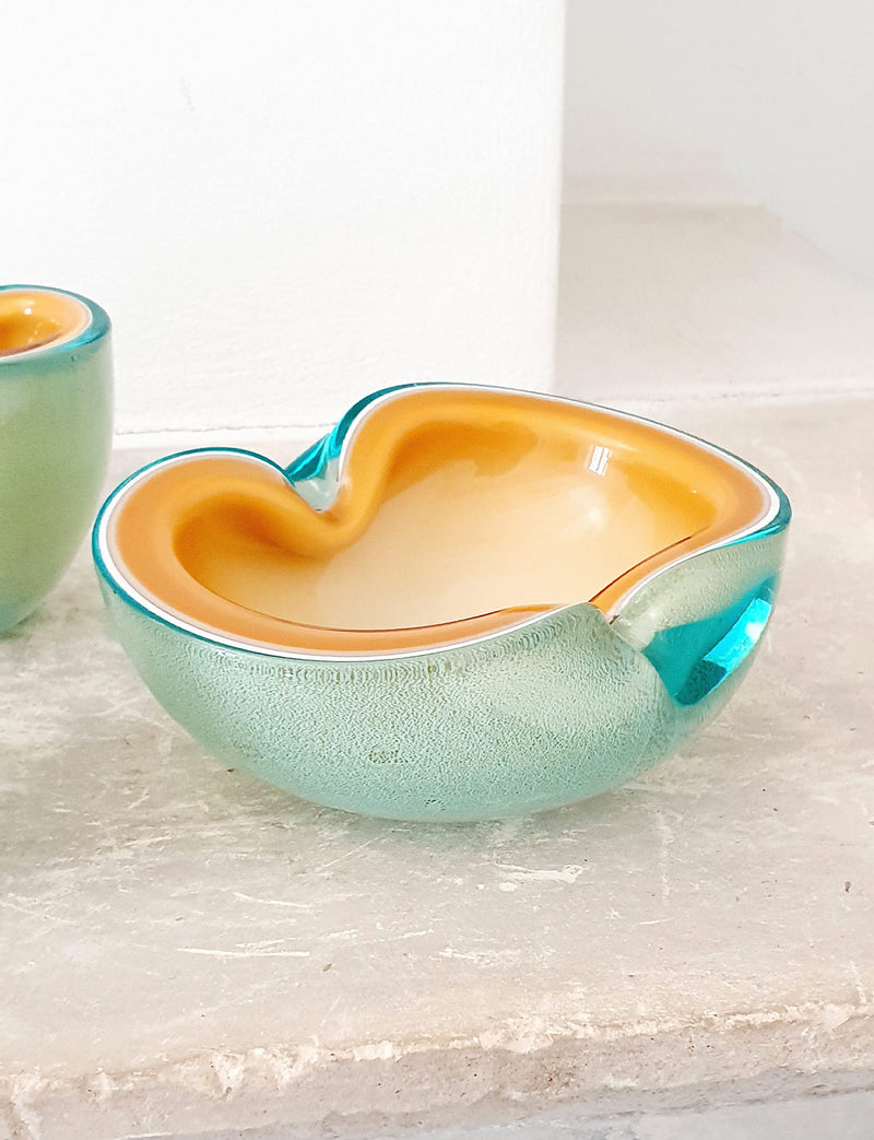 Set of Three Murano 1970s Turquoise and Gold Bowls