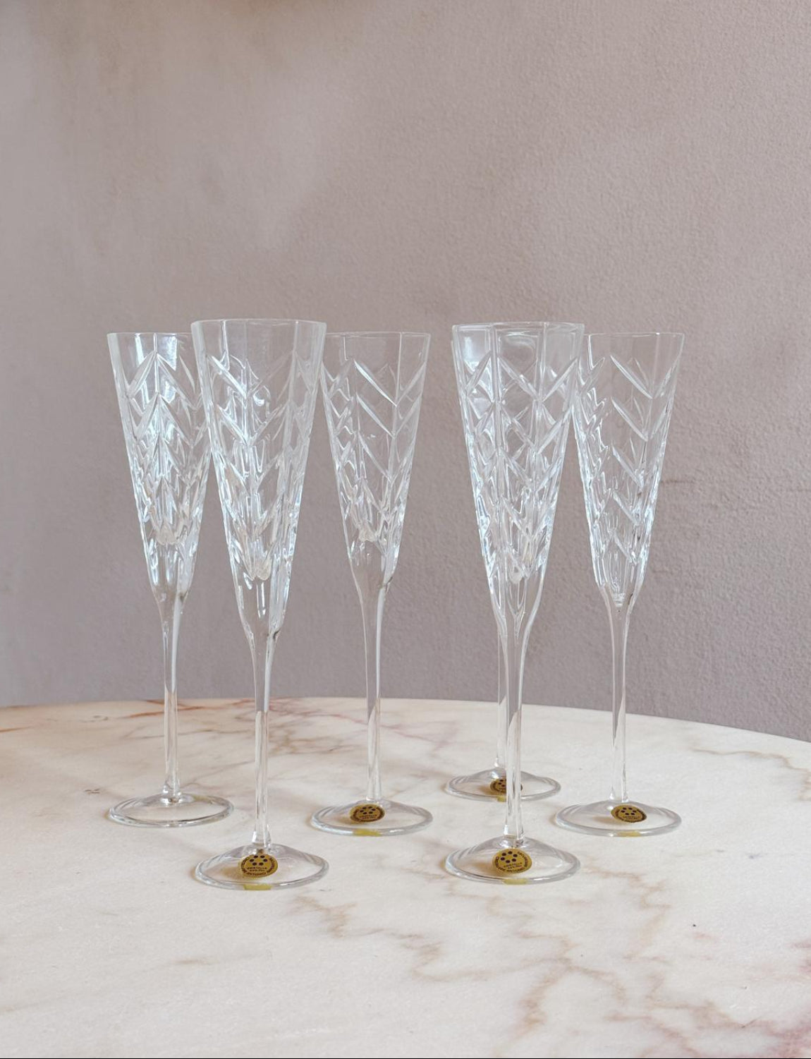 Set of Six 1970s Italian Carved Crystal Flutes