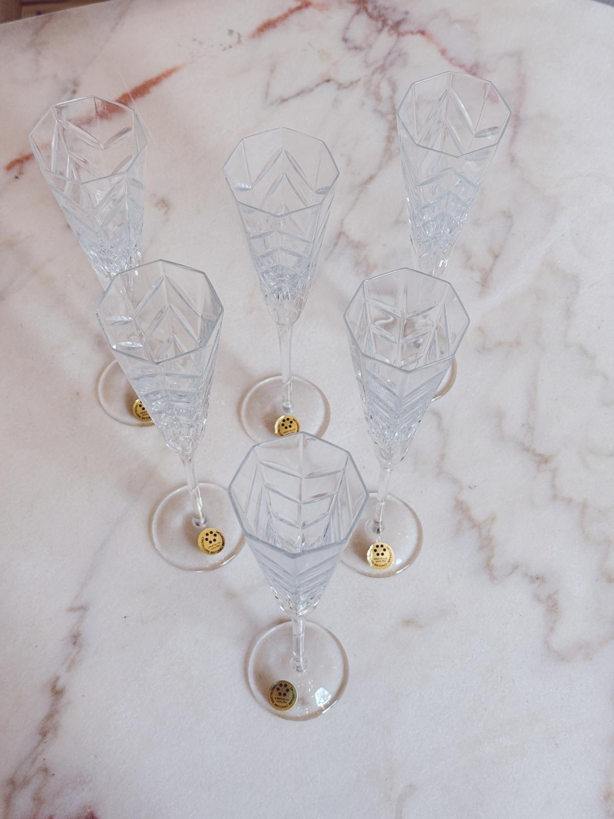 Set of Six 1970s Italian Carved Crystal Flutes
