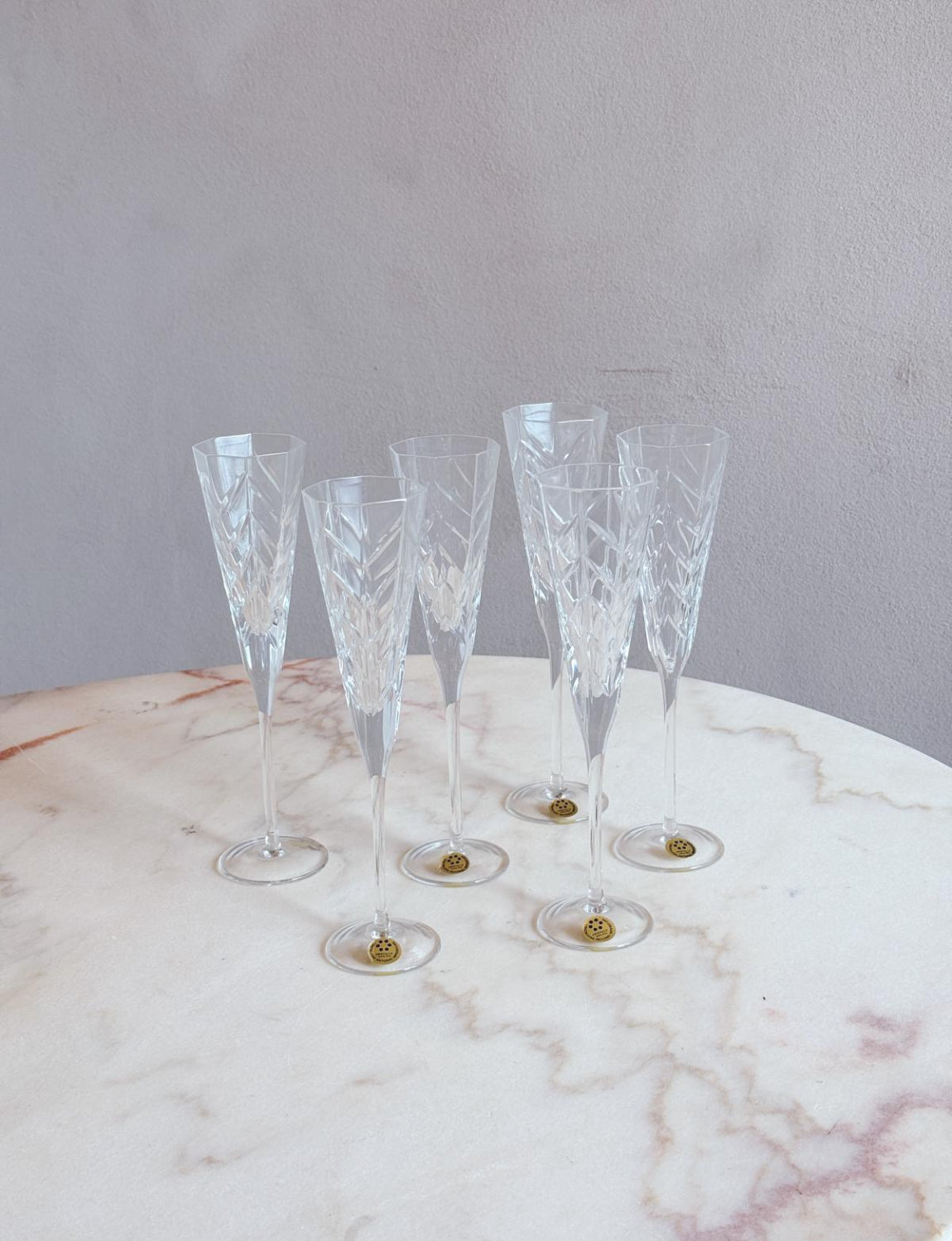 Set of Six 1970s Italian Carved Crystal Flutes