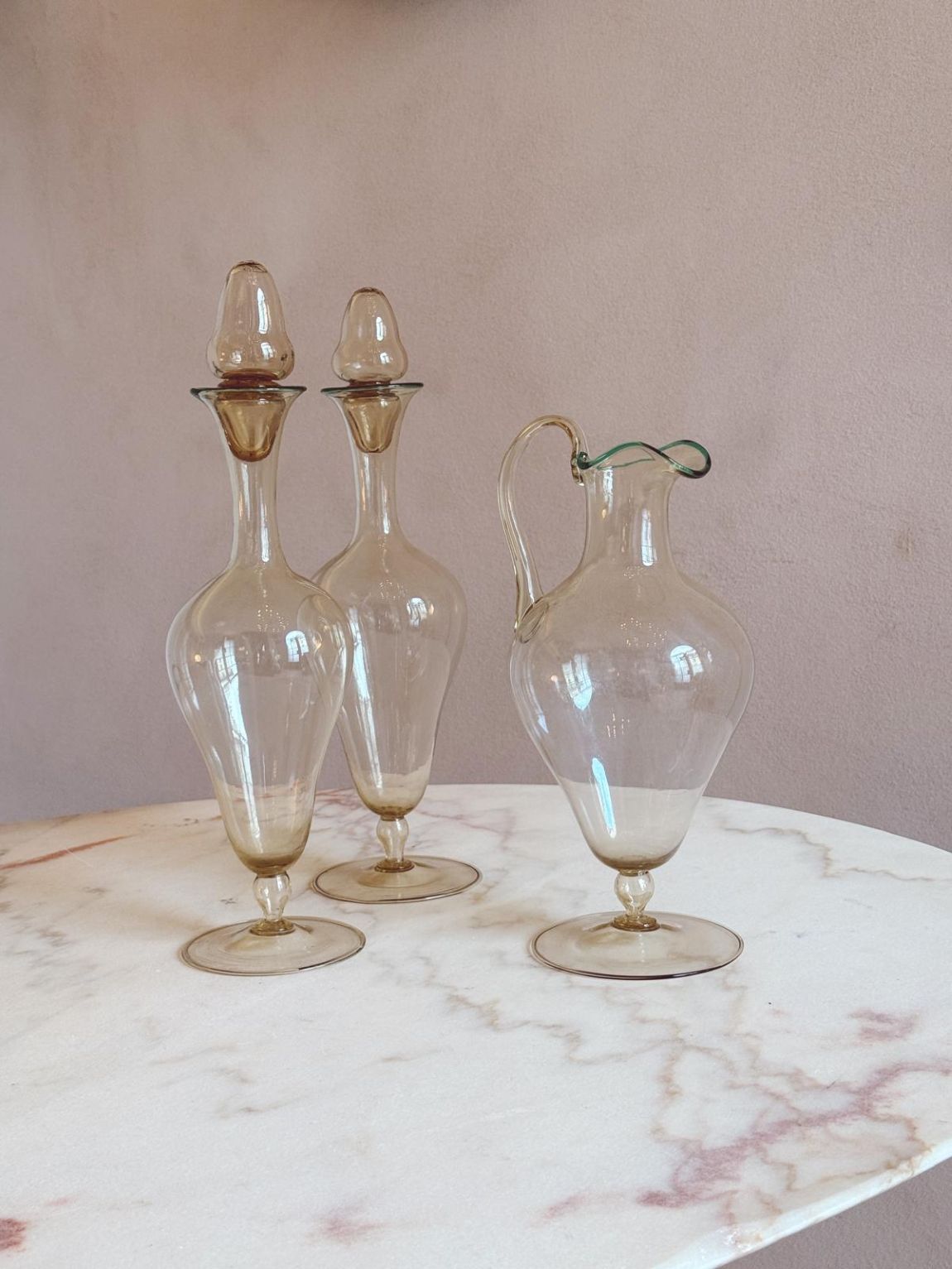 Pair of 1940s Hand-Blown Murano Glass Decanters & 1 Water Jug
