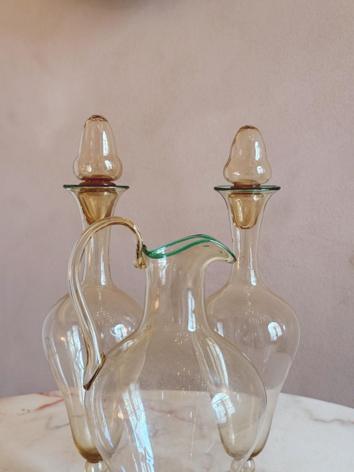 Pair of 1940s Hand-Blown Murano Glass Decanters & 1 Water Jug