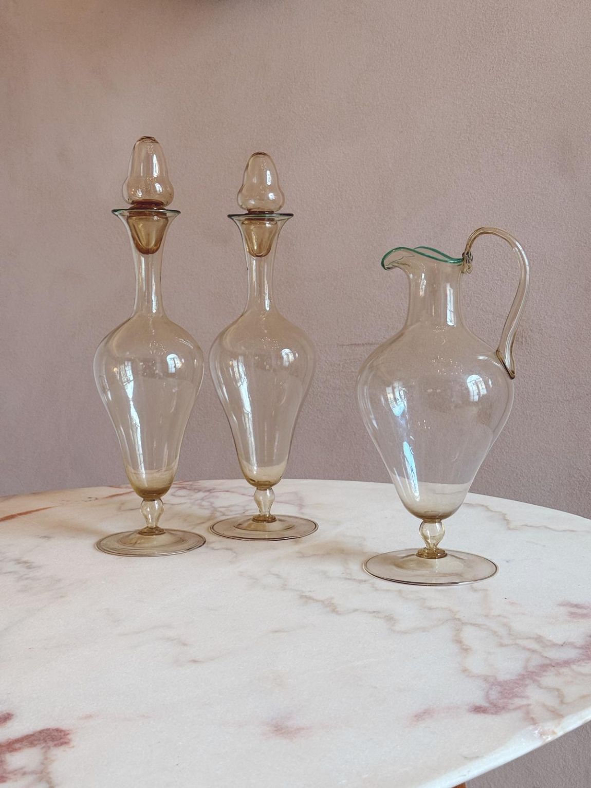 Pair of 1940s Hand-Blown Murano Glass Decanters & 1 Water Jug