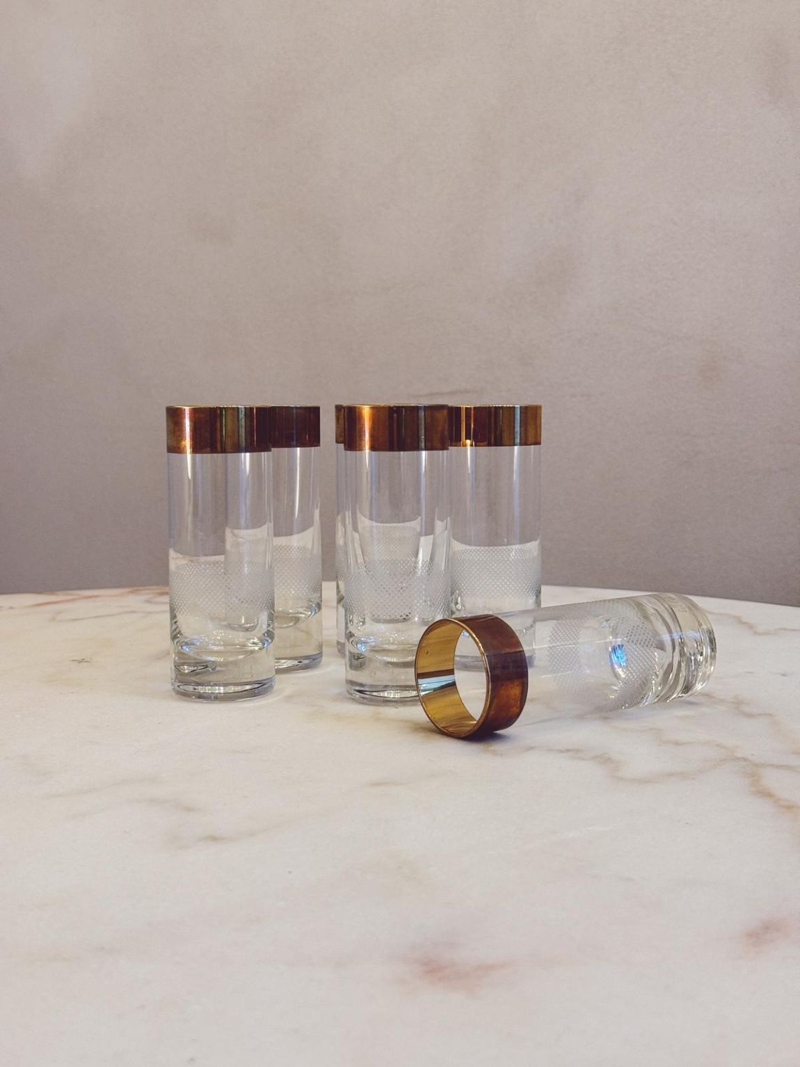 Set of six 1970s Gold topped Aperitivo glasses